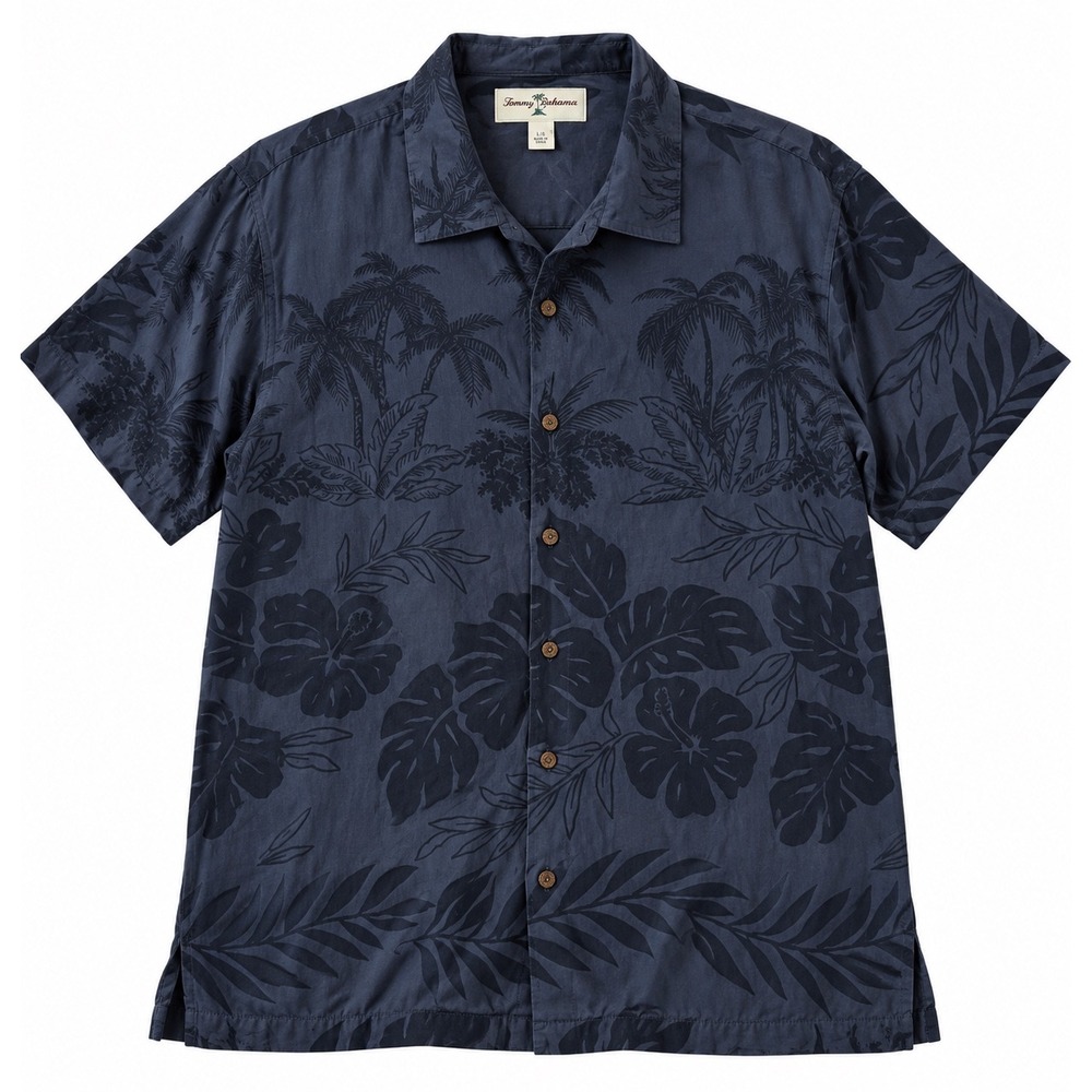 Tommy Bahama Mens XL Silk Camp Shirt Navy Blue Tropical Palm Floral Button Down